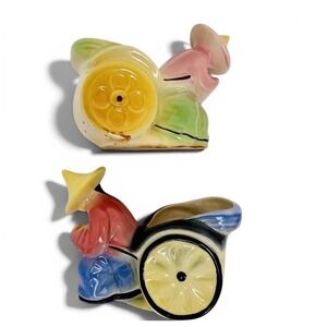Planter Set Shawnee Pottery USA 539 Chinese‎ Man Rickshaw Cart Vintage Lot of 2
